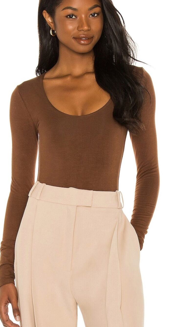 NWT RE ONA Scoop Neck Long Sleeve Bodysuit Chocolate Brown Small